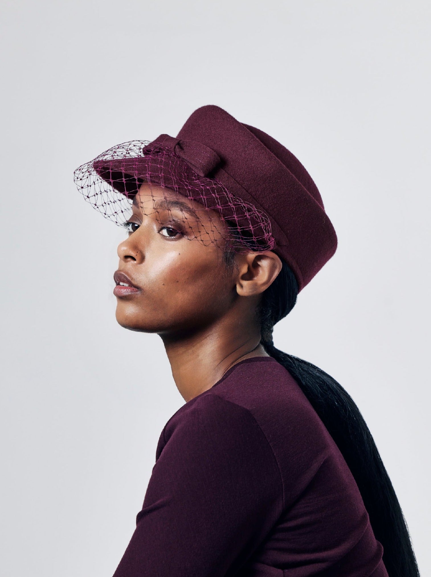 Misa Harada Hats | ANAIS | Burgundy asymmetric veiled wool cap