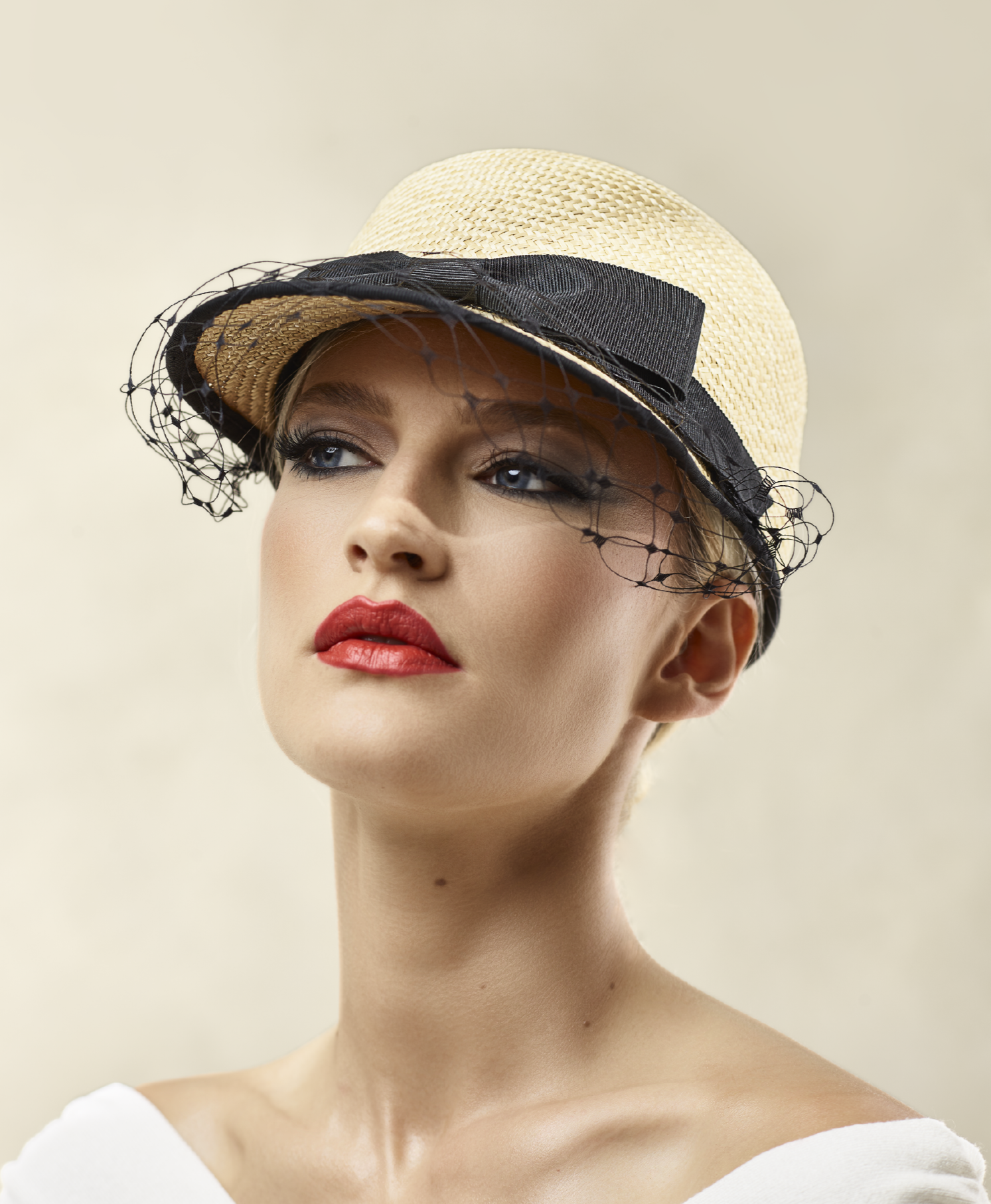 Misa Harada Hats| ALPHA | Porter’s cap in Nante straw, with black veiled peak and grosgrain bow