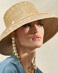 Misa Harada Hats| ZOE | Audrey style down brim in natural sewn straw, with mh logo and removable pearl and gold chains