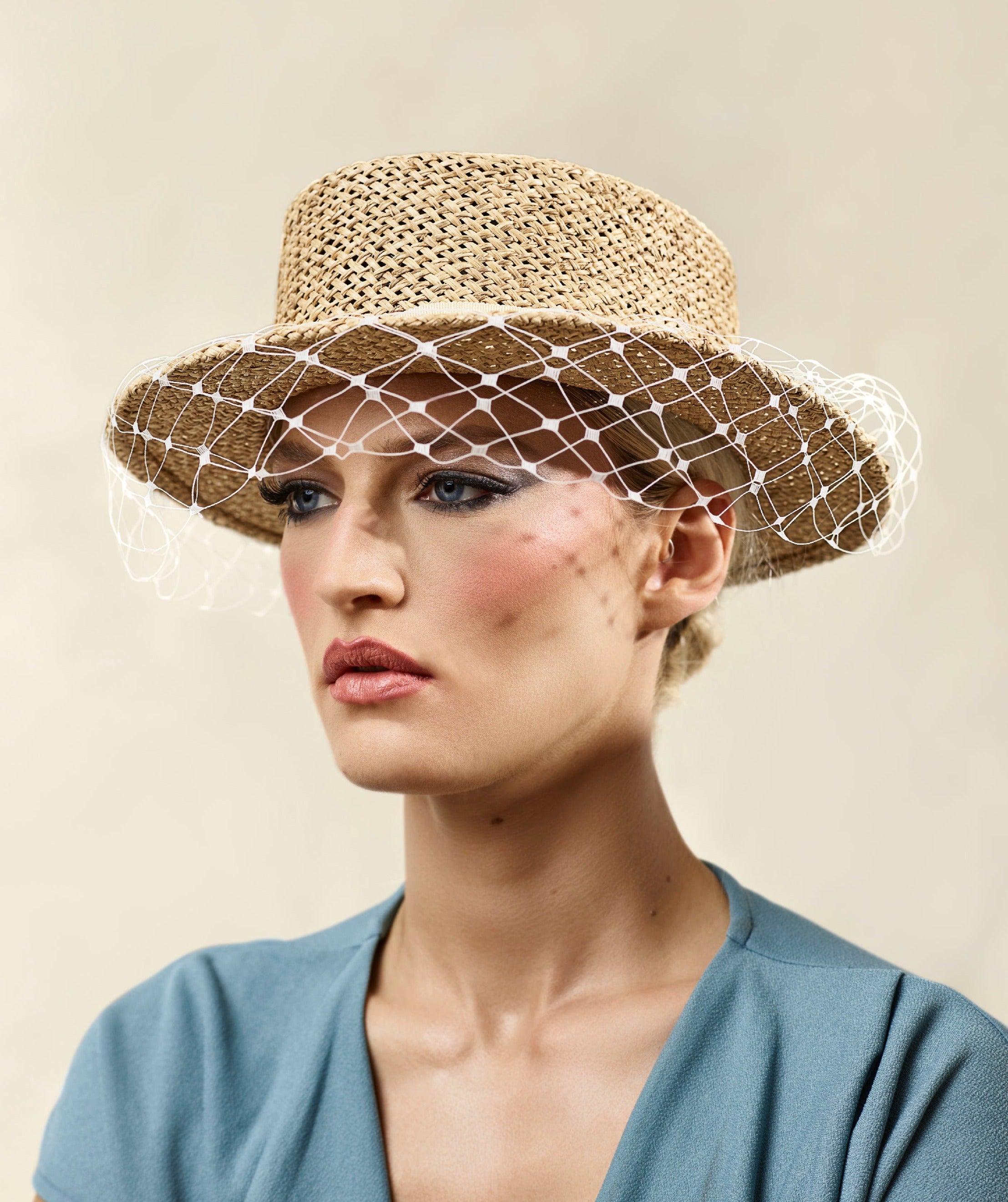 Misa Harada Hats| OLIVIA | Boater in maraca straw, wrapped with Ivory veil and grosgrain bow