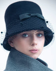 EVELYN - Soft, versatile merino wool cloche with dotted veil and grosgrain bows