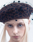 FLOE-LEO - Leopard print wool beret with hearts and dots veil.