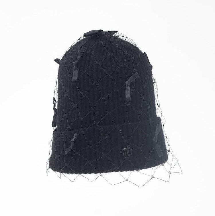 MIMI - Cashmere blend wool beanie with veil and scattered satin bows