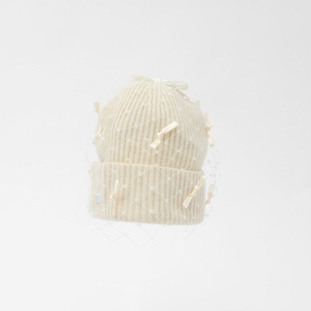 MIMI - Cashmere blend wool beanie with veil and scattered satin bows
