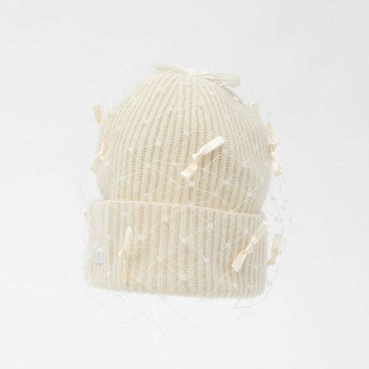 MIMI - Cashmere blend wool beanie with veil and scattered satin bows