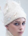 MIMI - Cashmere blend wool beanie with veil and scattered satin bows