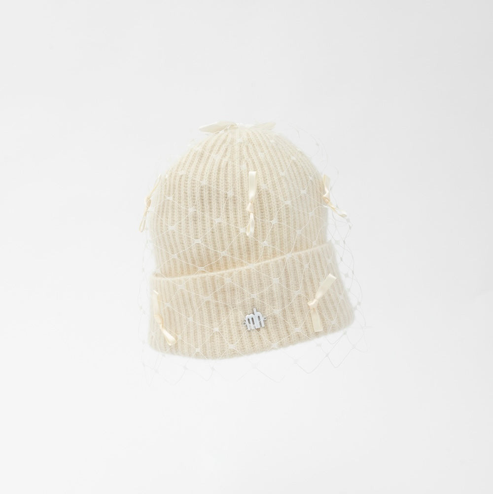 MIMI - Cashmere blend wool beanie with veil and scattered satin bows