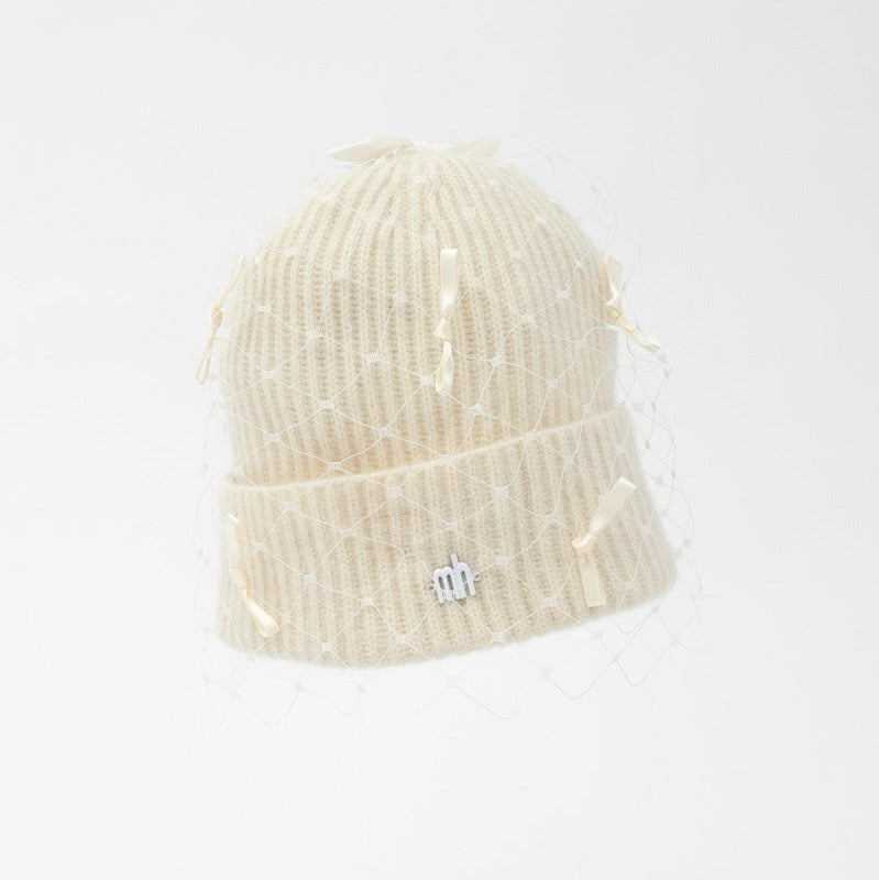 MIMI - Cashmere blend wool beanie with veil and scattered satin bows