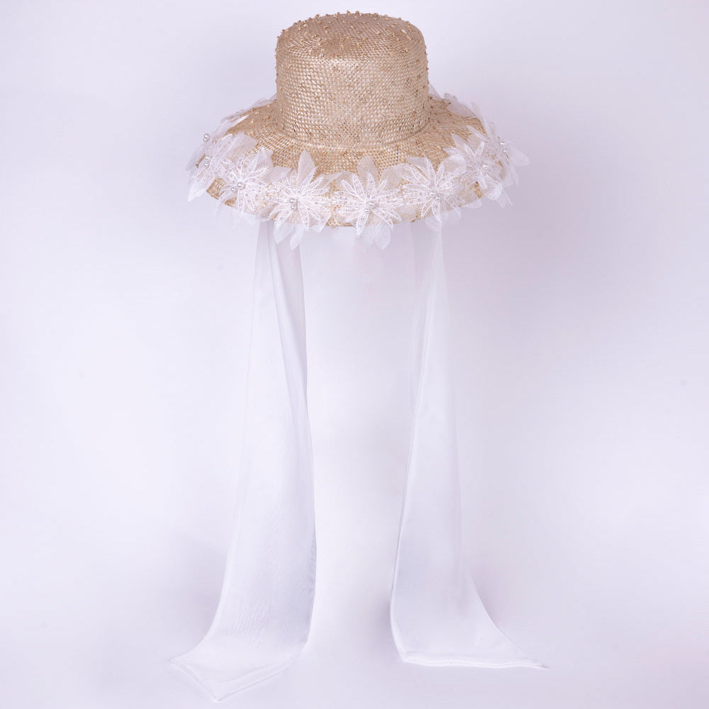 ROME - Hepburn Style Wide-Brimhat with Organza Flowers