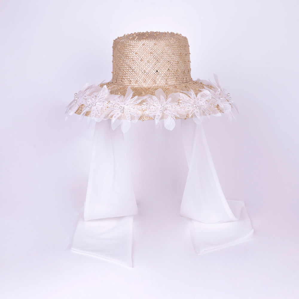 ROME - Hepburn Style Wide-Brimhat with Organza Flowers