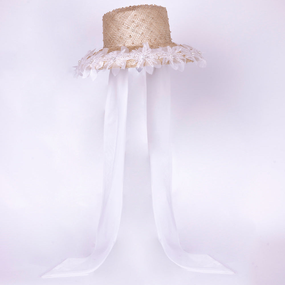 ROME - Hepburn Style Wide-Brimhat with Organza Flowers