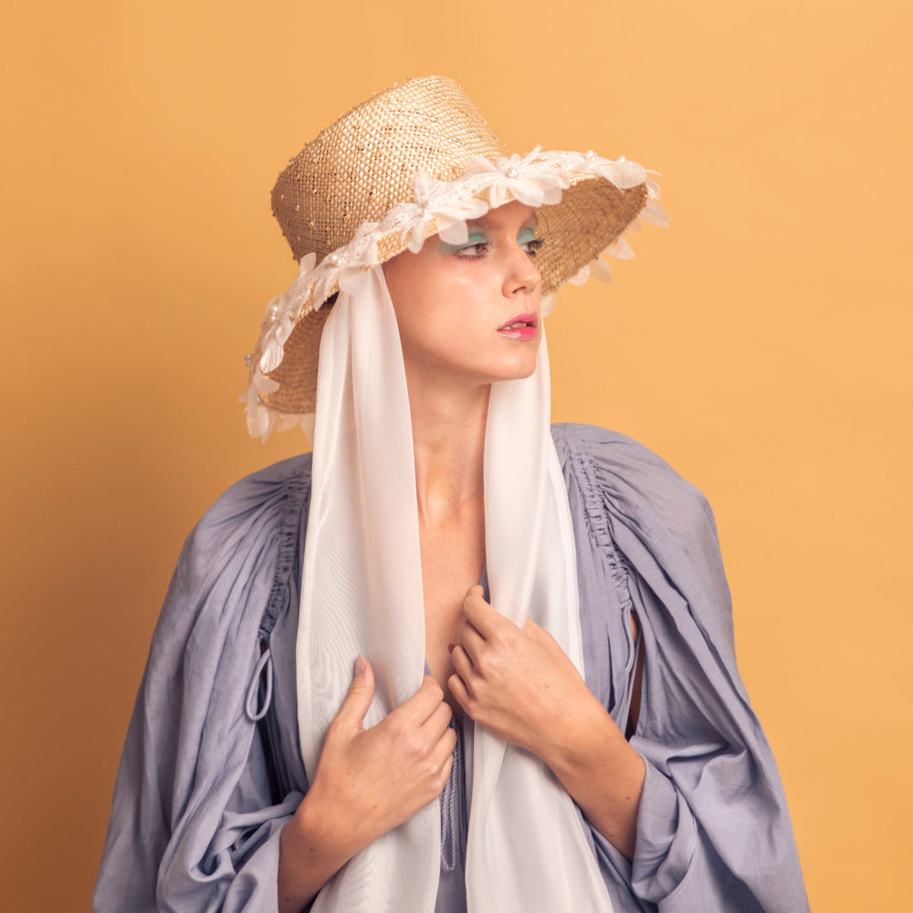 ROME - Hepburn Style Wide-Brimhat with Organza Flowers