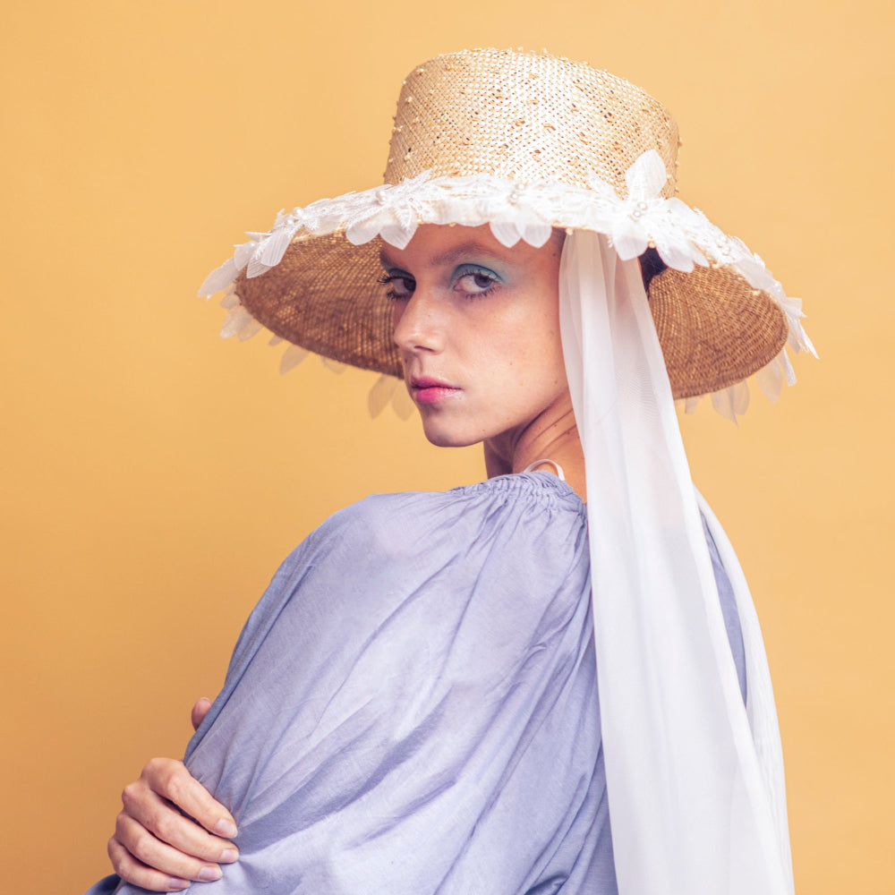 ROME - Hepburn Style Wide-Brimhat with Organza Flowers