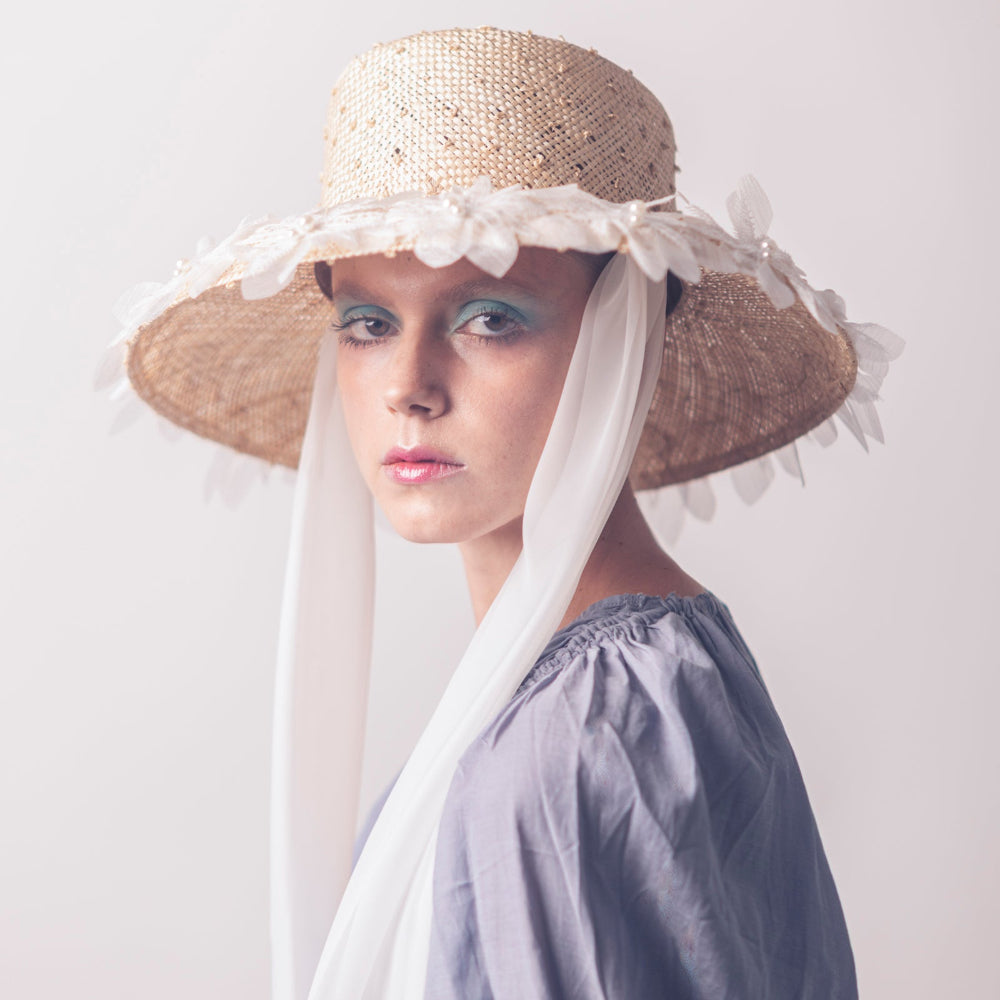 ROME - Hepburn Style Wide-Brimhat with Organza Flowers