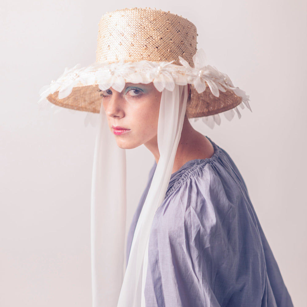 ROME - Hepburn Style Wide-Brimhat with Organza Flowers