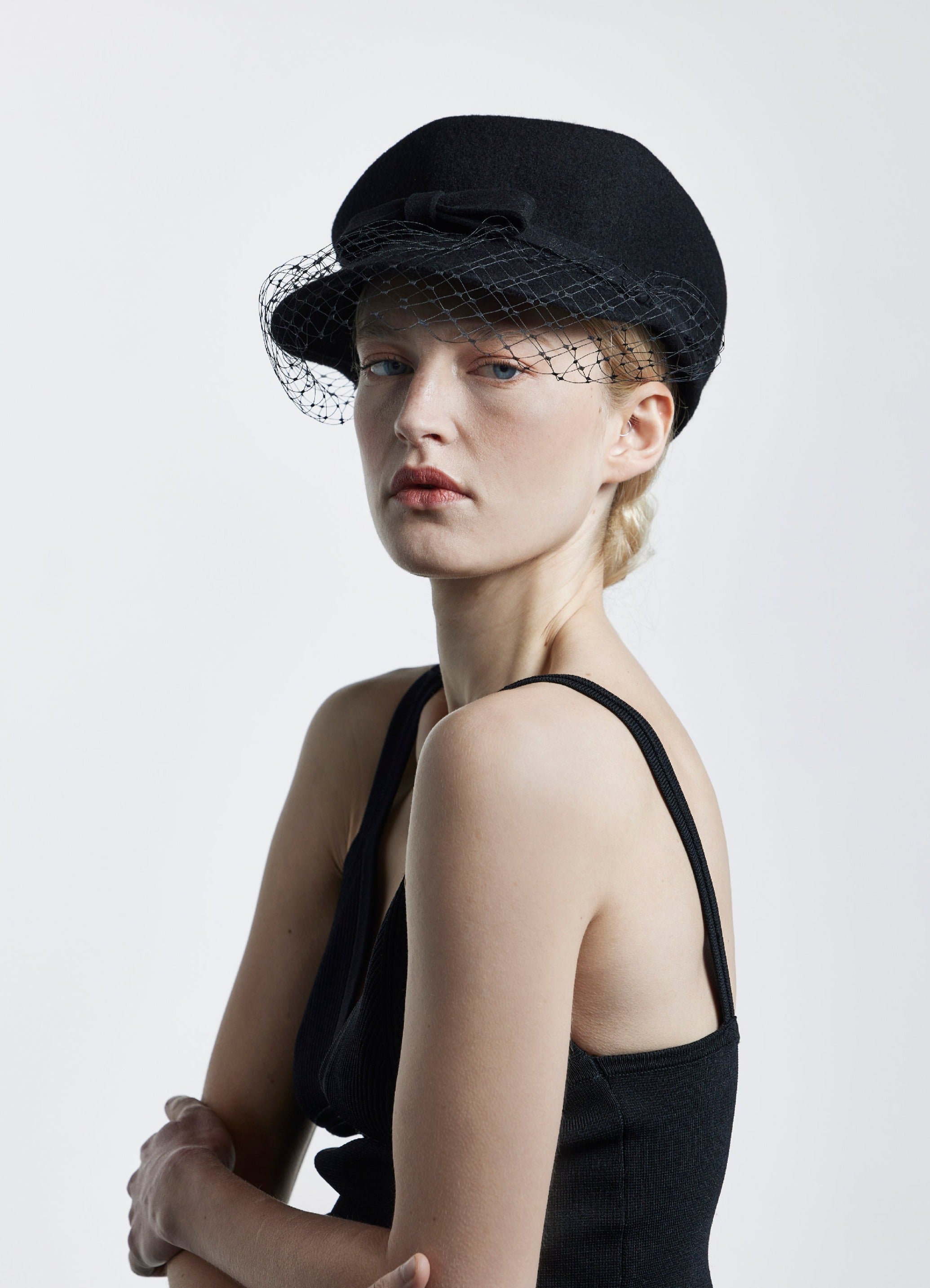 Misa Harada Hats | ANAIS | Black asymmetric veiled wool cap