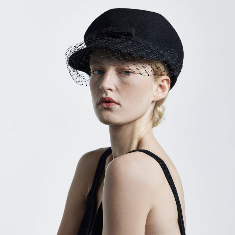 Misa Harada Hats | ANAIS | Black asymmetric veiled wool cap