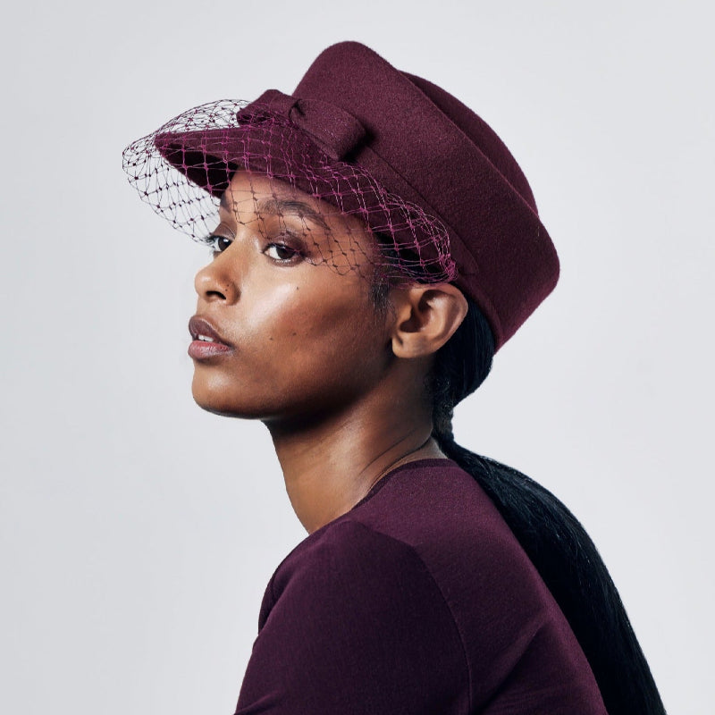 Misa Harada Hats | ANAIS | Burgundy asymmetric veiled wool cap