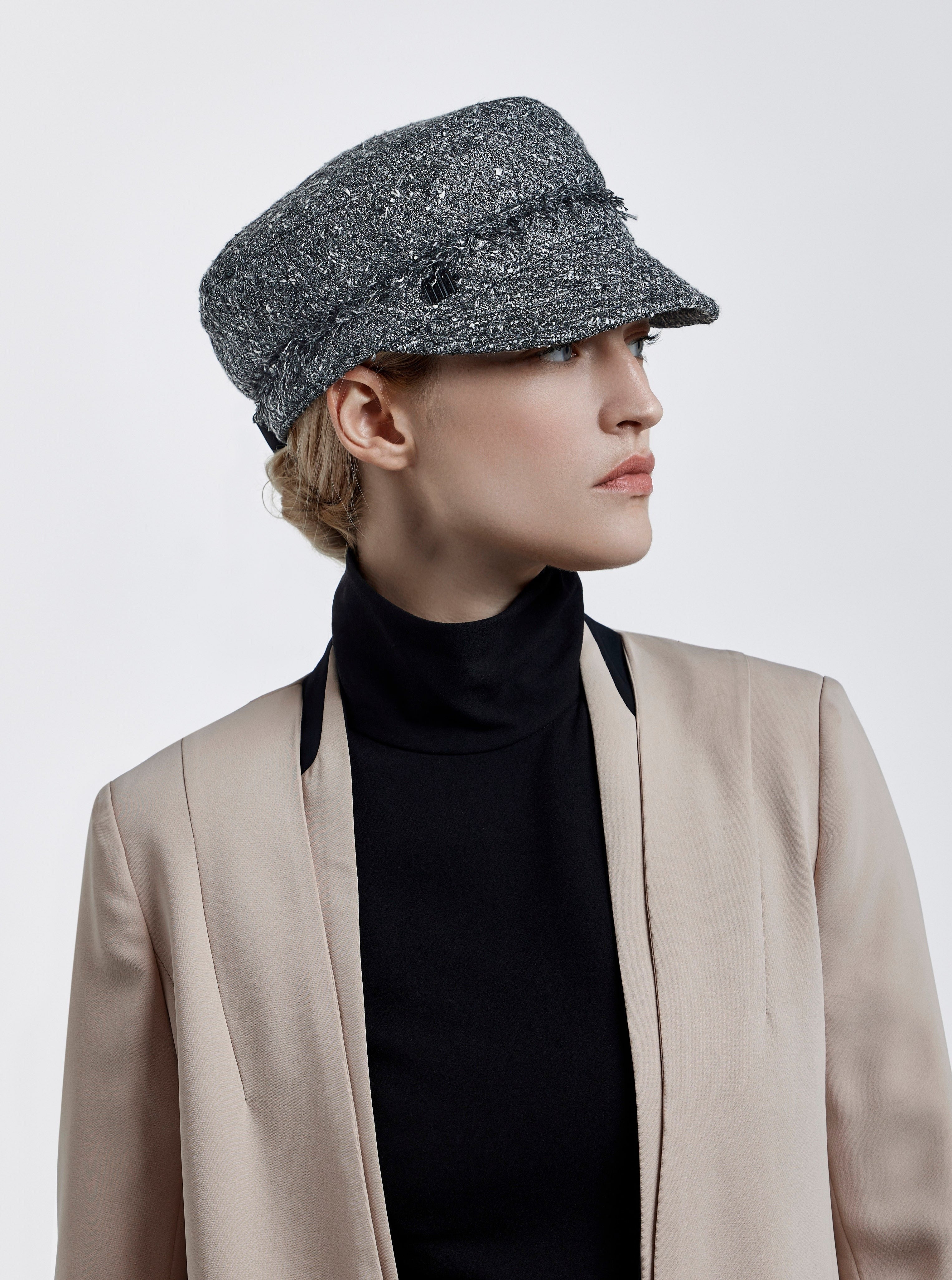 Misa Harada Hats | ALEX | Grey tweed Marine cap with recycled cashmere peak