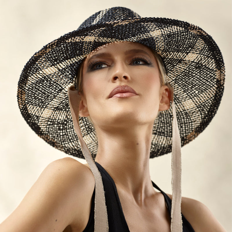 Misa Harada Hats| IVES - UNISEX | Wide-brimmed fedora in twisted black / or red check seagrass, with removable frayed grosgrain tie and mh logo