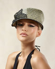 Misa Harada Hats| LILA | Asymmetric cap in sage raffia, with black 3D applique flower