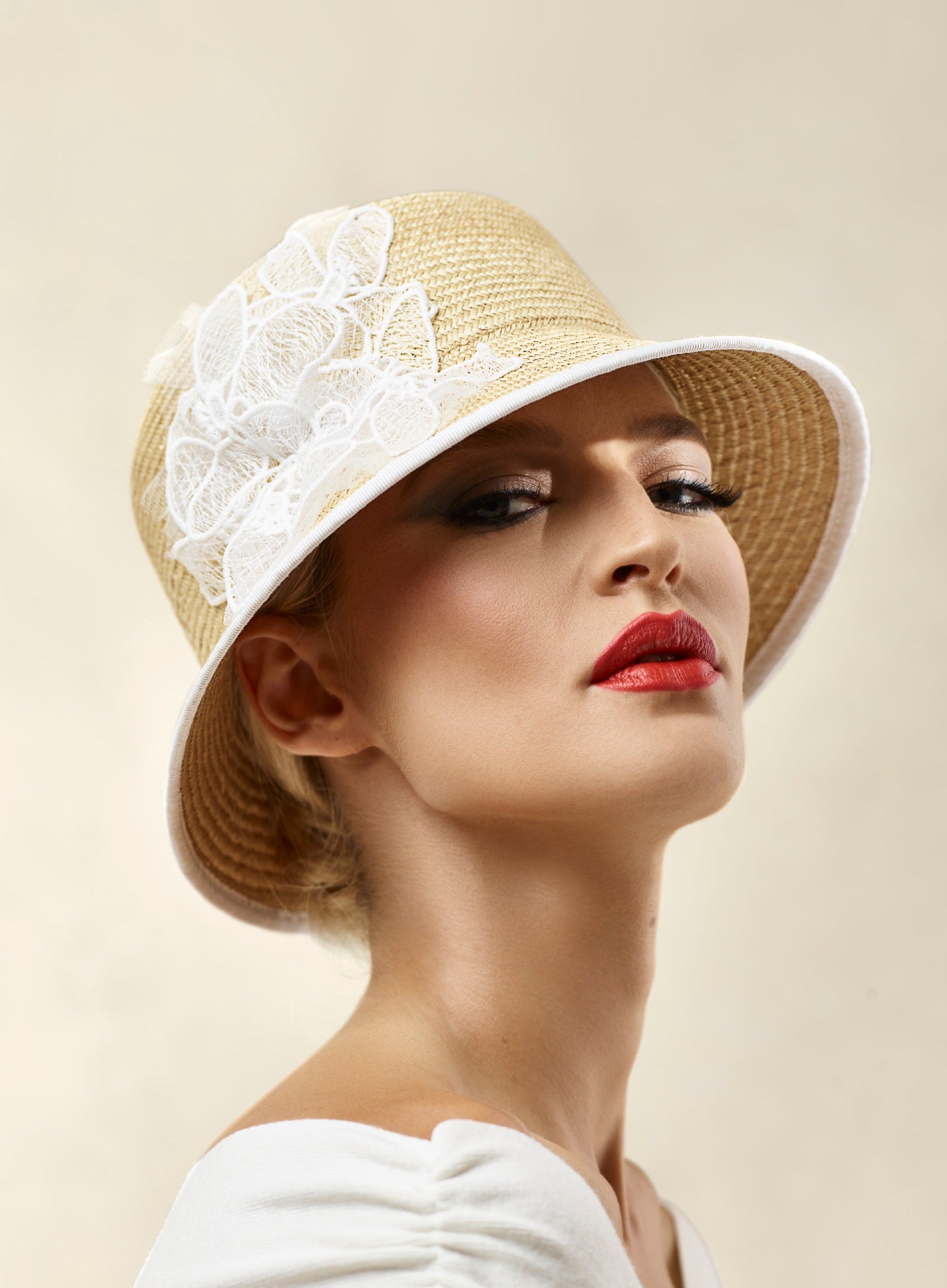 Misa Harada Hats| COSMO | Bucket hat in Bucket hat in nante straw, with white tulle and 3D applique flowers