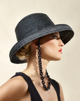 Misa Harada Hats| ZOE | Audrey style down brim in natural sewn straw, with mh logo and removable pearl and gold chains