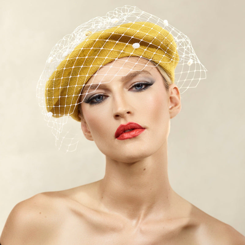 Misa Harada Hats| FLOE | Knitted cotton beret, with Ivory dotted veil