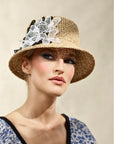 Misa Harada Hats| JOY | Bucket hat in maraca straw, with black and white 3D applique flowers