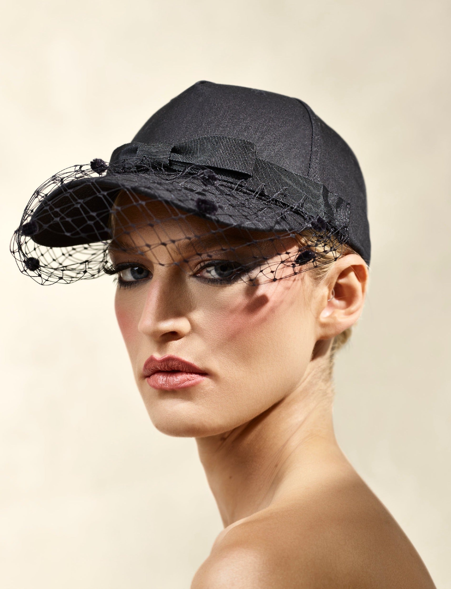 Misa Harada Hats| GIGI | Baseball cap in organic cotton, with dotted veiled peak, grosgrain bow and mh Logo