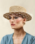 Misa Harada Hats| OLIVIA | Boater in maraca straw, wrapped with Ivory veil and grosgrain bow