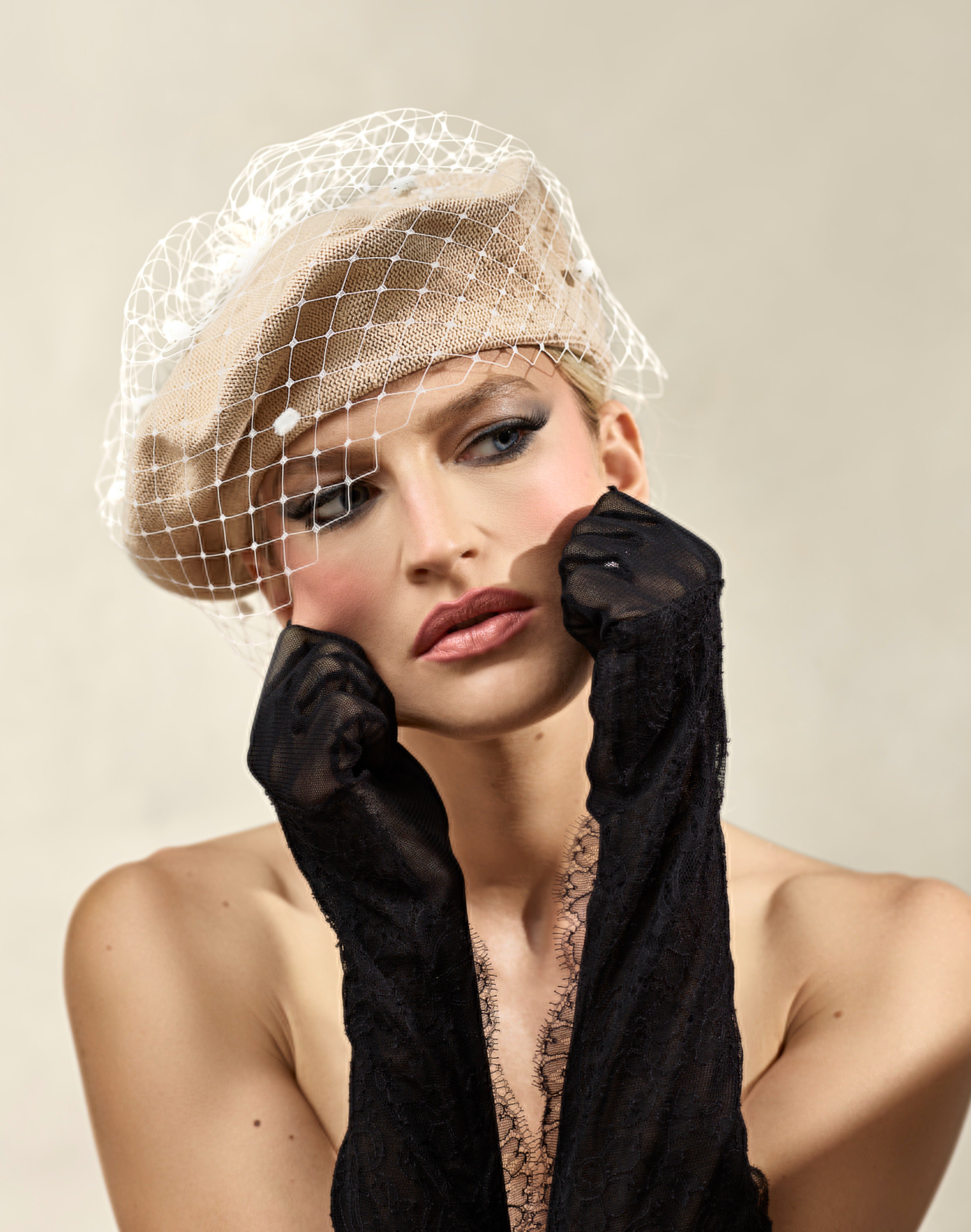 Misa Harada Hats| FLOE | Knitted cotton beret, with Ivory dotted veil