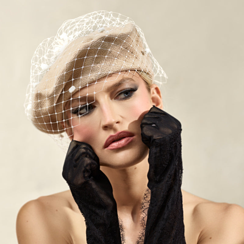 Misa Harada Hats| FLOE | Knitted cotton beret, with Ivory dotted veil